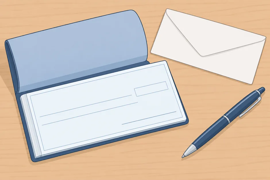 An open chequebook and pen on a desk, where a bank routing number is printed