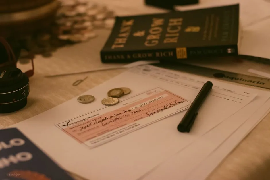 A paper bank check resting on a table